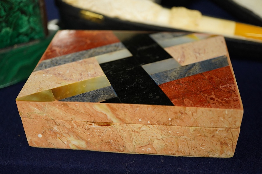 A cased Meersham pipe, a malachite pen rack and an Art Deco mineral box